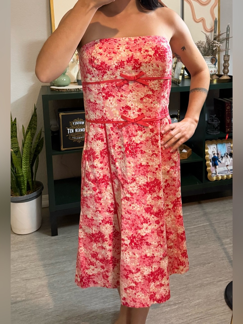 Ann Taylor Floral Strapless A-Line Dress in Red and Cream